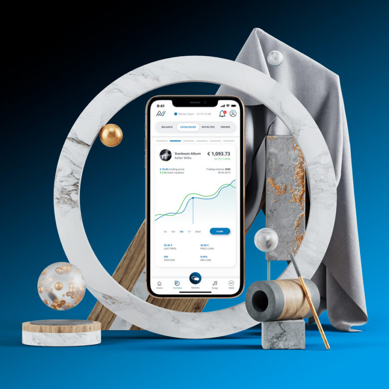 Visualizzazione di prodotto e UI design per un’app finanziaria mobile, con focus su dati, performance ed esperienza digitale premium.