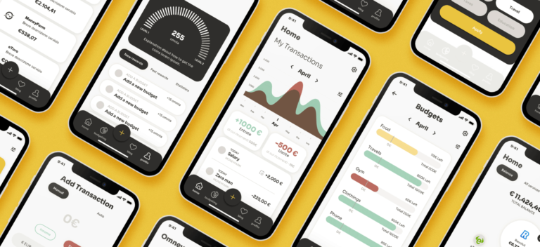 Interfacce UI di app finanziaria mobile con transazioni, budget e analisi