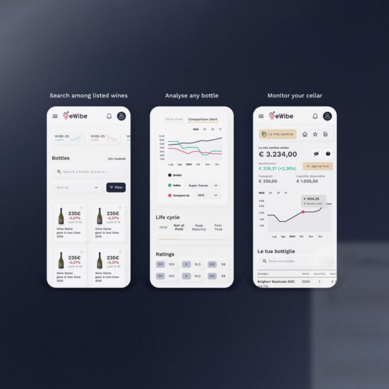 Showcase dell’interfaccia di una piattaforma digitale per investimenti in vino: ricerca delle bottiglie, analisi dei prezzi e monitoraggio del portafoglio in un’unica esperienza.