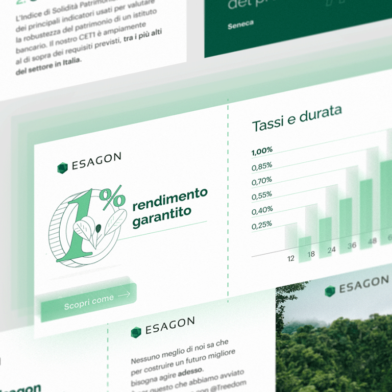 Visual minimale e orientato alla finanza, con tonalità verdi delicate, che comunica in modo chiaro rendimento garantito, tassi e durate tramite grafici semplici e tipografia pulita, trasmettendo fiducia e trasparenza.