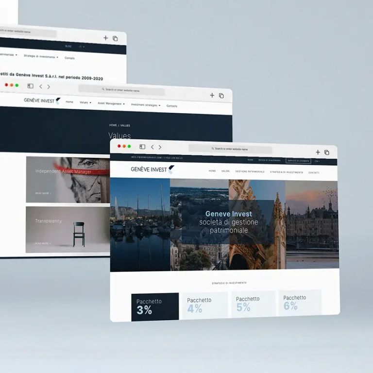 Mockup di pagine web sovrapposte che mostrano un design finanziario moderno e pulito.