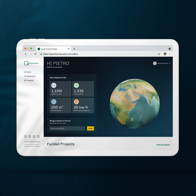 Dashboard di sostenibilità dal design pulito che mostra l’impatto ambientale, i dati di compensazione CO₂ e i progetti green finanziati tramite un’interfaccia chiara e data-driven.