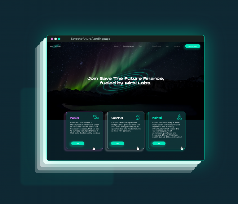 Design di landing page per piattaforma fintech, con ecosistema modulare, percorsi utente chiari e identità visiva futuristica.