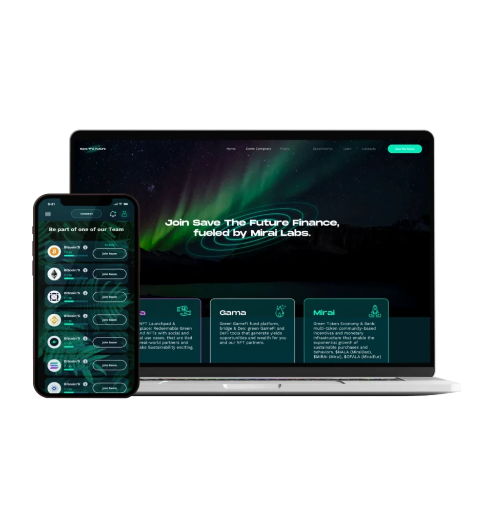 Mockup di laptop e smartphone con la piattaforma crypto e green finance di Mirai Labs progettata da Creative Bulls.