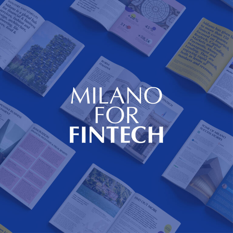 Progetto editoriale per pubblicazione fintech, che racconta Milano come hub di innovazione, finanza e business digitale.
