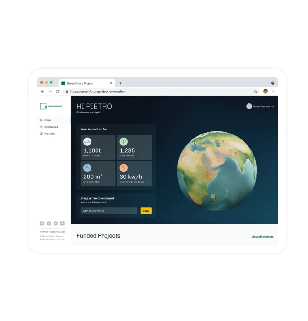 Dashboard Green Future Project con metriche dell’impatto ambientale dell’utente e visualizzazione interattiva della Terra.