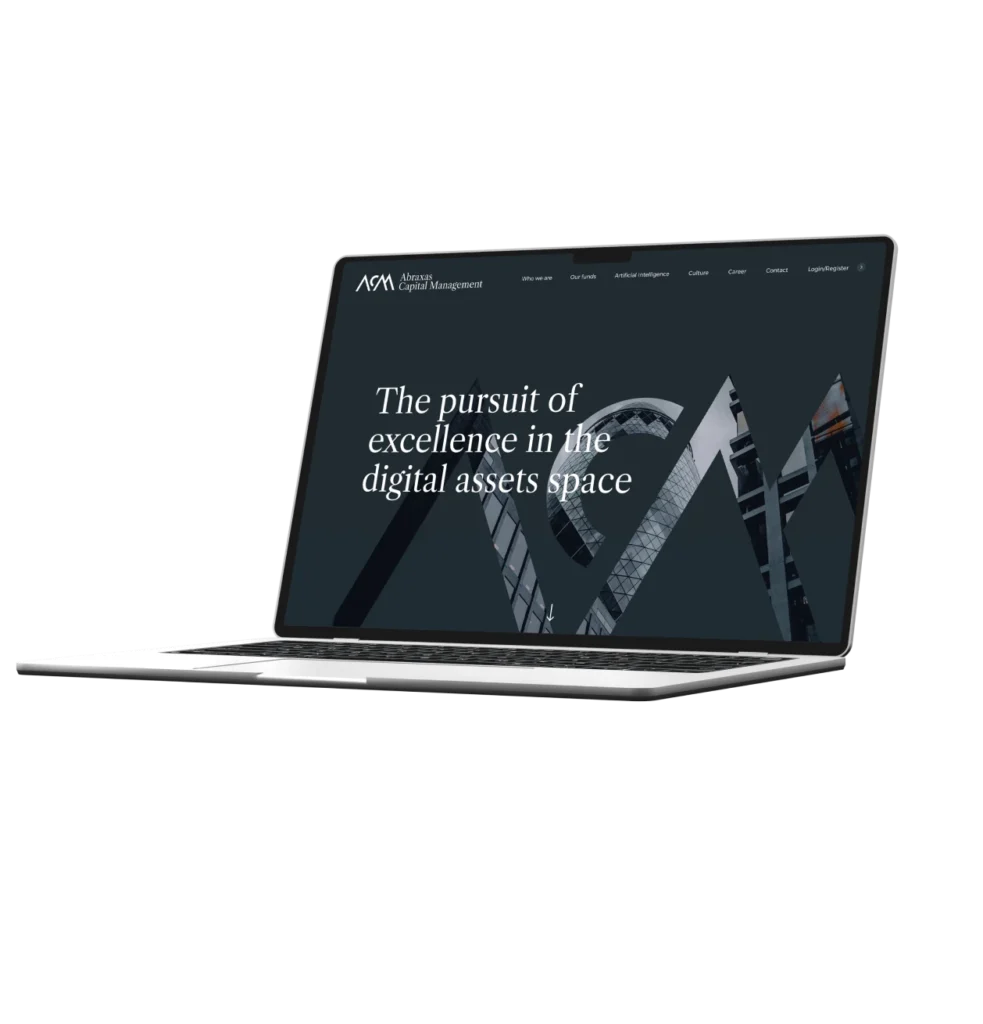 Mockup del sito Abrams Capital Management su laptop che presenta il branding per investimenti in digital assets.