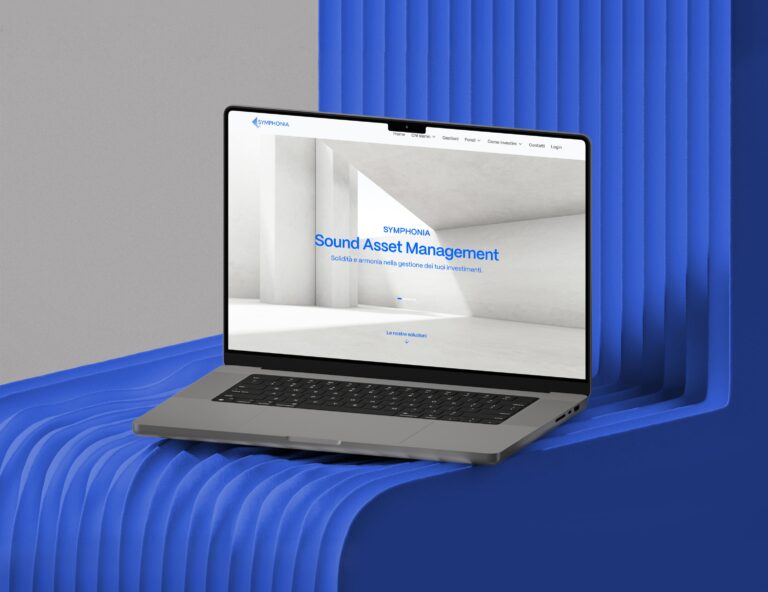 Sito web di asset management Symphonia visualizzato su laptop, con interfaccia finanziaria moderna e minimale.