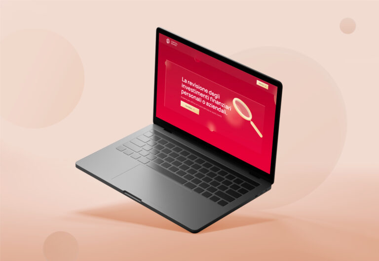 Mockup di laptop che mostra un sito web di revisione finanziaria con gradienti rossi, elementi 3D e design glassmorphism moderno.