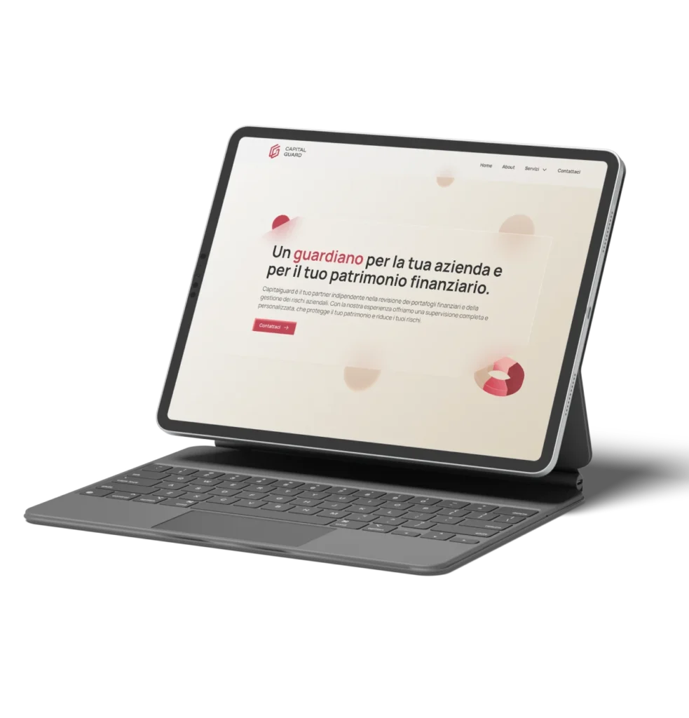 Sito CapitalGuard mostrato su tablet che presenta servizi di consulenza finanziaria e gestione patrimoniale.
