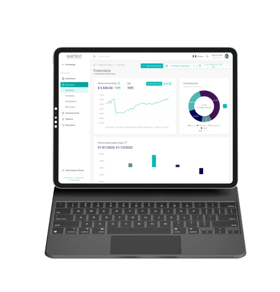 Earnext fintech dashboard displayed on a tablet, showing portfolio performance and analytics.