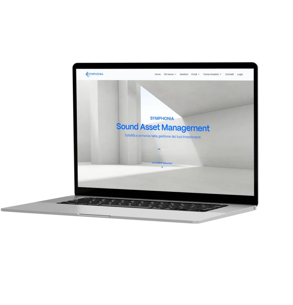 Sito web di Symphonia asset management su laptop, con soluzioni di investimento e design minimalista moderno.