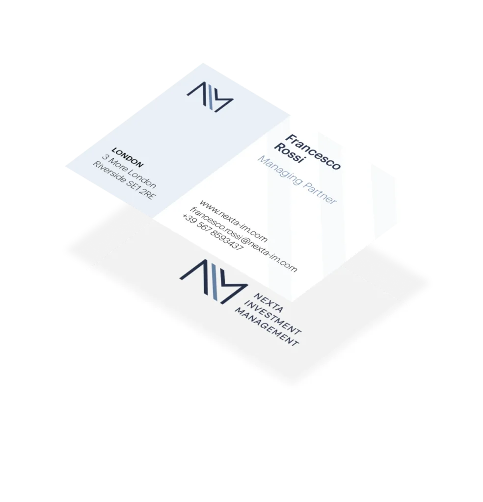 Brand identity di Nexta Investment Management — design minimalista del biglietto da visita in blu e bianco.