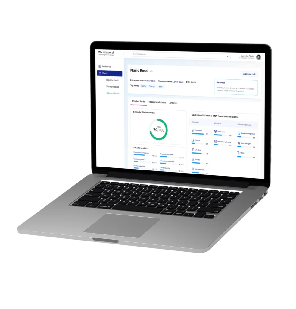 Interfaccia della piattaforma Wealthtype su laptop — dashboard fintech pulita per profilo finanziario del cliente e insight.