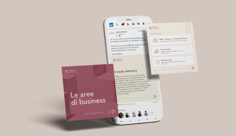 Creazione di contenuti social per Banca Investis e Investis Advisory, pensati per raccontare servizi finanziari attraverso post digitali chiari e coerenti con il brand.