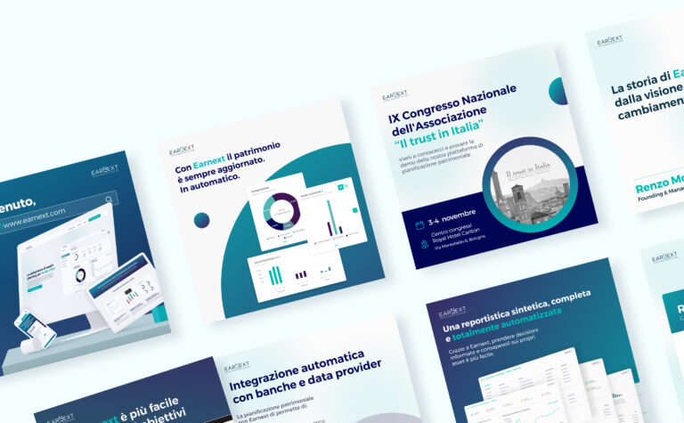 Visual per eventi sui social di Earnnext, con un sistema grafico modulare, palette cromatica delicata e layout strutturati pensati per promuovere conferenze, webinar ed eventi del settore fintech.