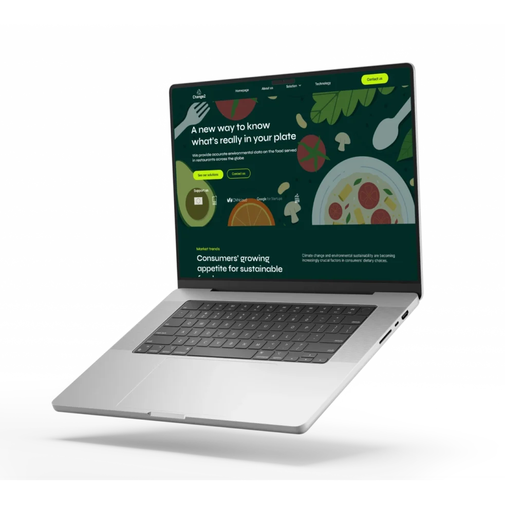 Sito web di Changelab mostrato su un laptop, dedicato a una piattaforma digitale sostenibile per dati ambientali sugli alimenti.