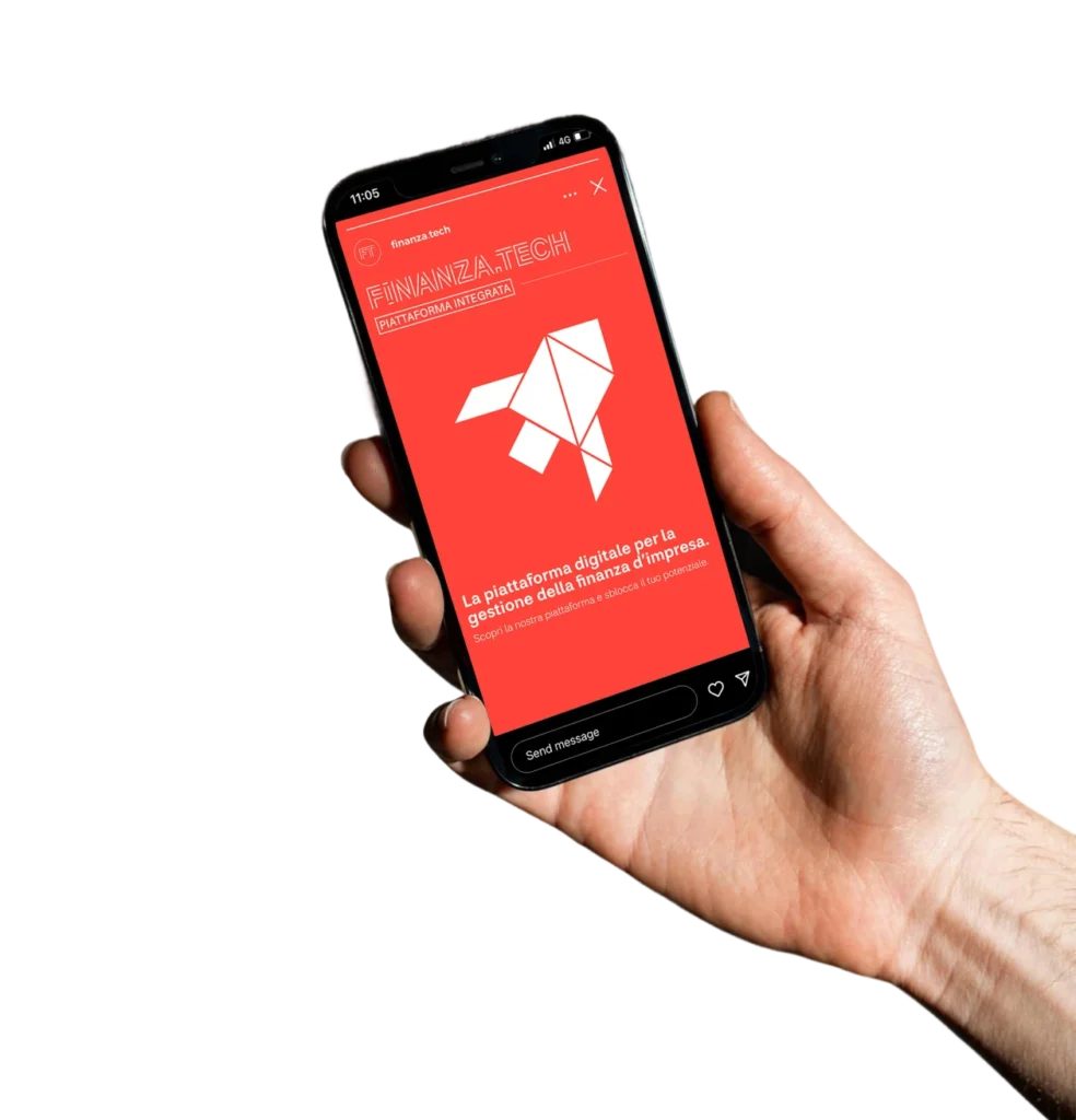 Storia Instagram di Finanza.Tech che promuove una piattaforma digitale per la finanza d’impresa, visualizzata su smartphone.