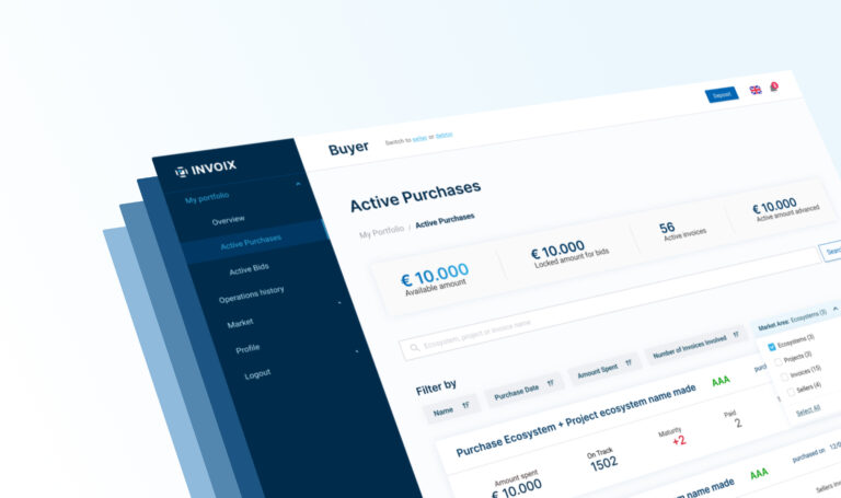 Interfaccia dashboard INVOIX con acquisti attivi e dati di trading di fatture, in un layout finanziario pulito sui toni del blu.