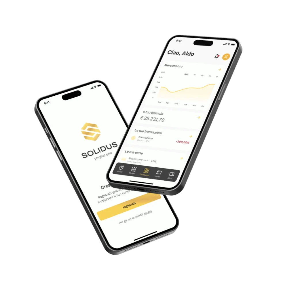 Interfaccia dell’app Solidus su due smartphone, che mostra l’identità del brand di una piattaforma fintech per la gestione dell’oro digitale e fisico.