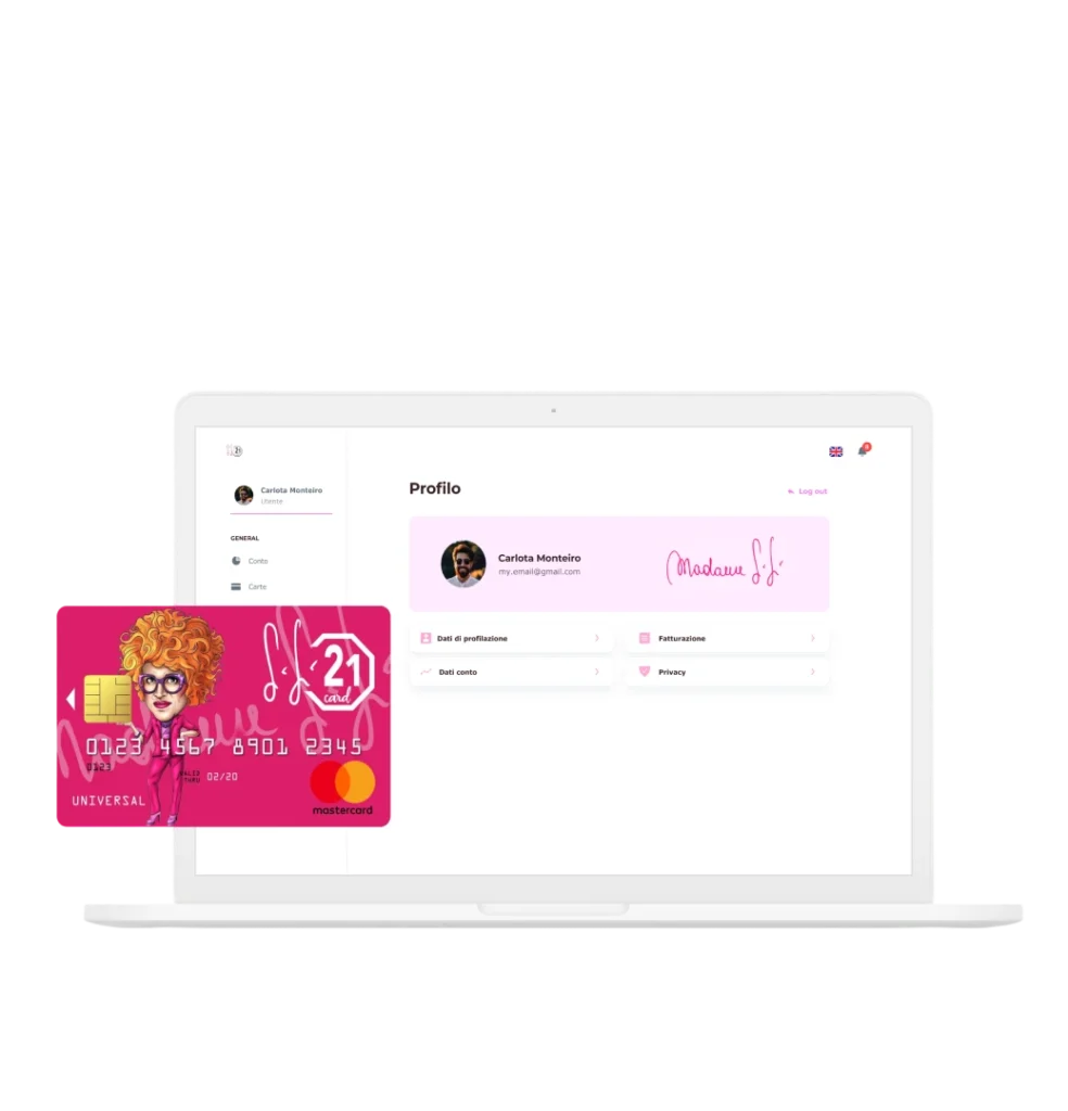 Pagina profilo della piattaforma bancaria Sisi21 con carta Mastercard rosa personalizzata.