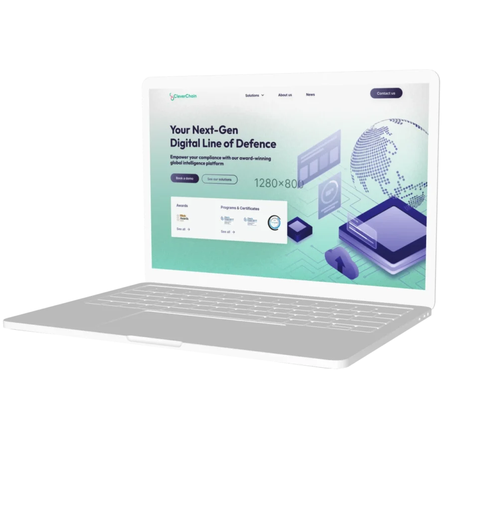 CleverChain website design mockup on laptop – UX/UI and web design for a digital compliance and global intelligence platform.
