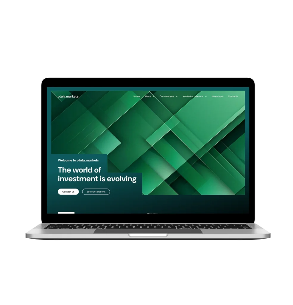 Sito otala.markets mostrato su un laptop, che evidenzia l’identità del brand di una piattaforma d’investimento moderna con design finanziario geometrico verde.