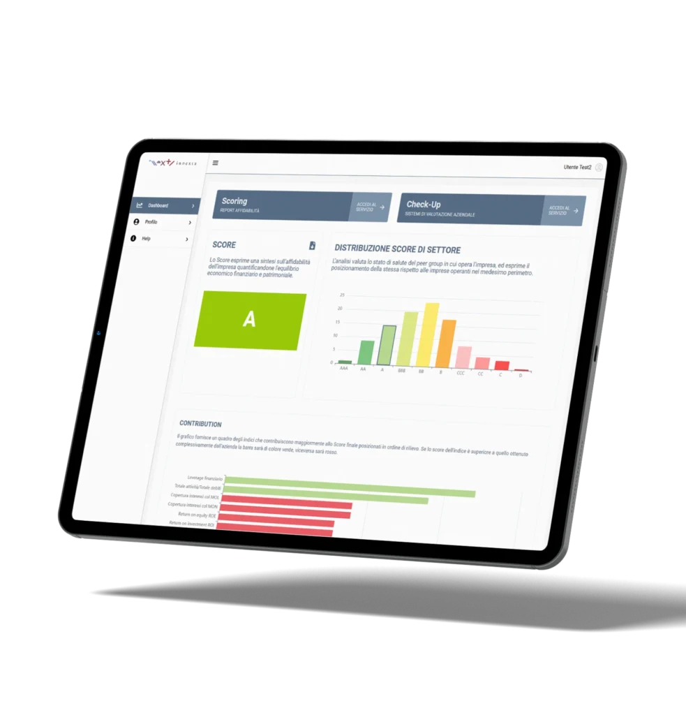 Dashboard di scoring aziendale Innexta su tablet con rating A, grafici di distribuzione del punteggio di settore e indicatori di contributo finanziario per la valutazione delle PMI.
