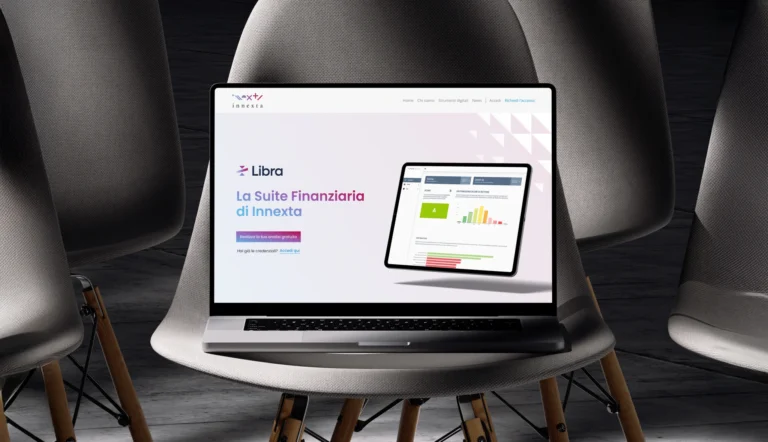 Laptop con l’interfaccia della suite finanziaria Libra di Innnexta, che mostra strumenti di finanza digitale e web design realizzati da Creative Bulls.