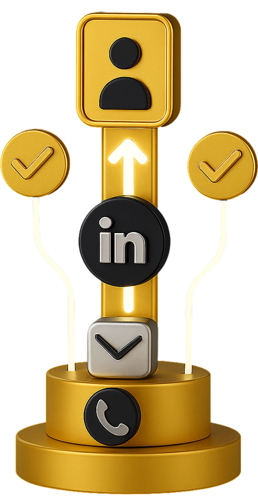Creative Bulls generazione lead e strategia BDR – illustrazione 3D con icone di contatto, LinkedIn, email e telefono per rappresentare l’acquisizione clienti multicanale.
