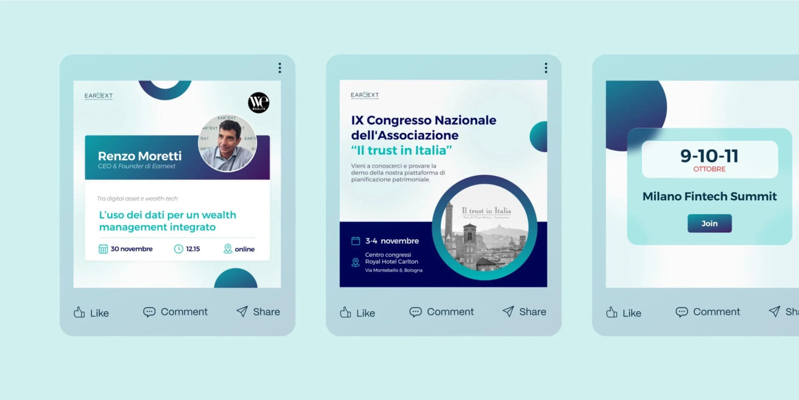 Post LinkedIn ed eventi promozionali di Earnext, piattaforma fintech per la pianificazione patrimoniale e il digital wealth management.