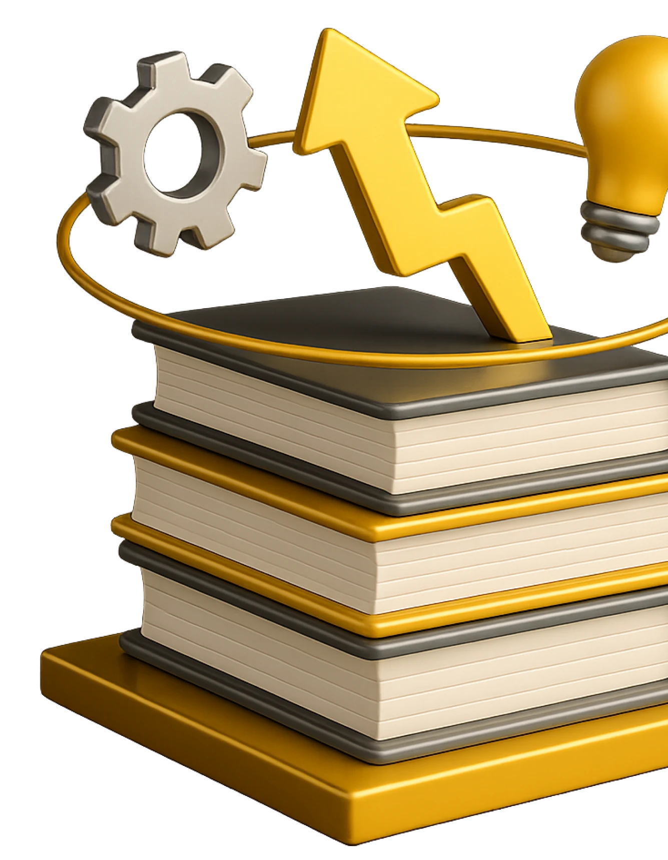 Blog di marketing finanziario Creative Bulls – illustrazione 3D con libri, ingranaggio, lampadina e freccia che rappresentano conoscenza, strategia e crescita aziendale.