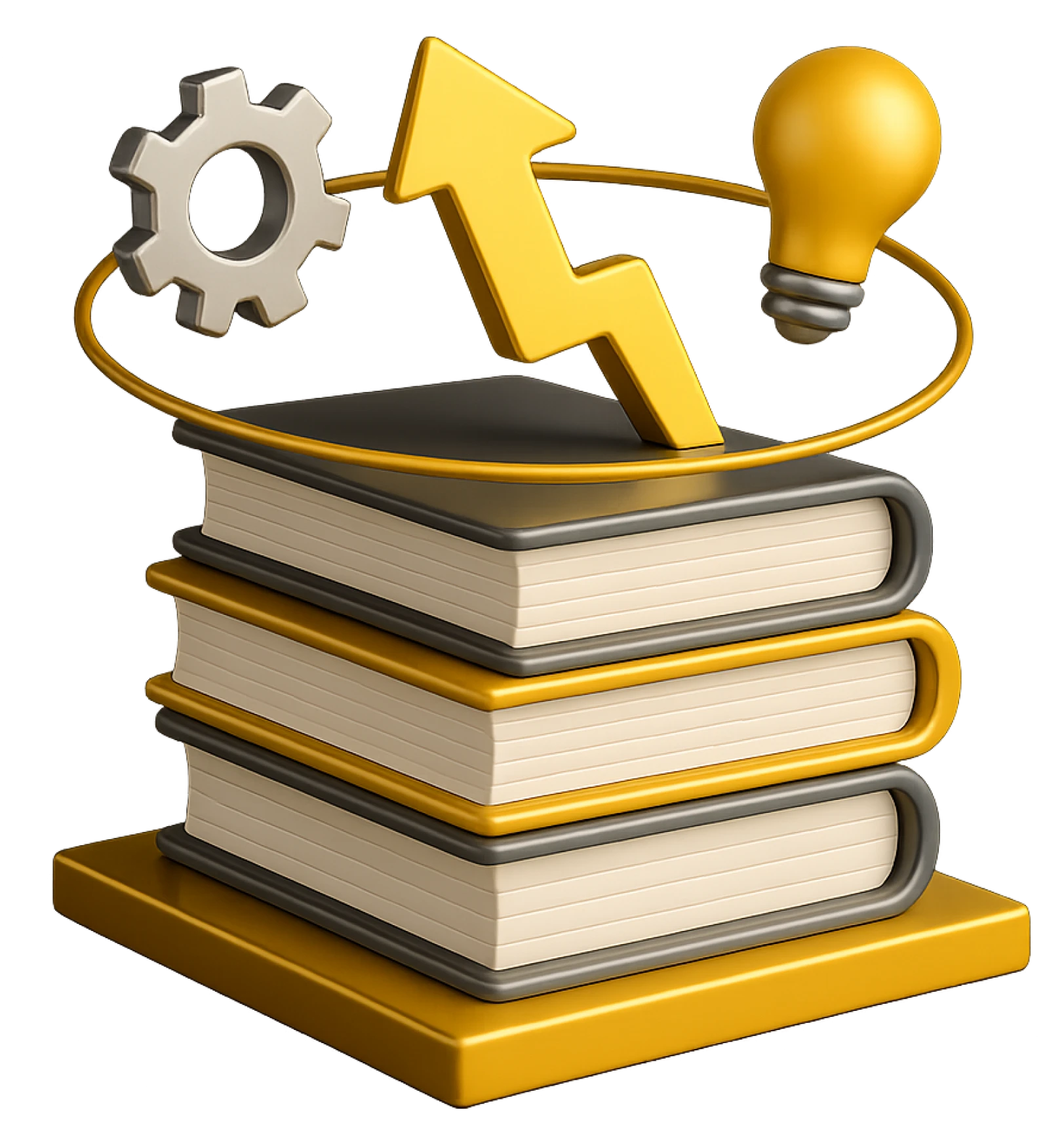 Blog di marketing finanziario Creative Bulls – illustrazione 3D con libri, ingranaggio, lampadina e freccia che rappresentano conoscenza, strategia e crescita aziendale.