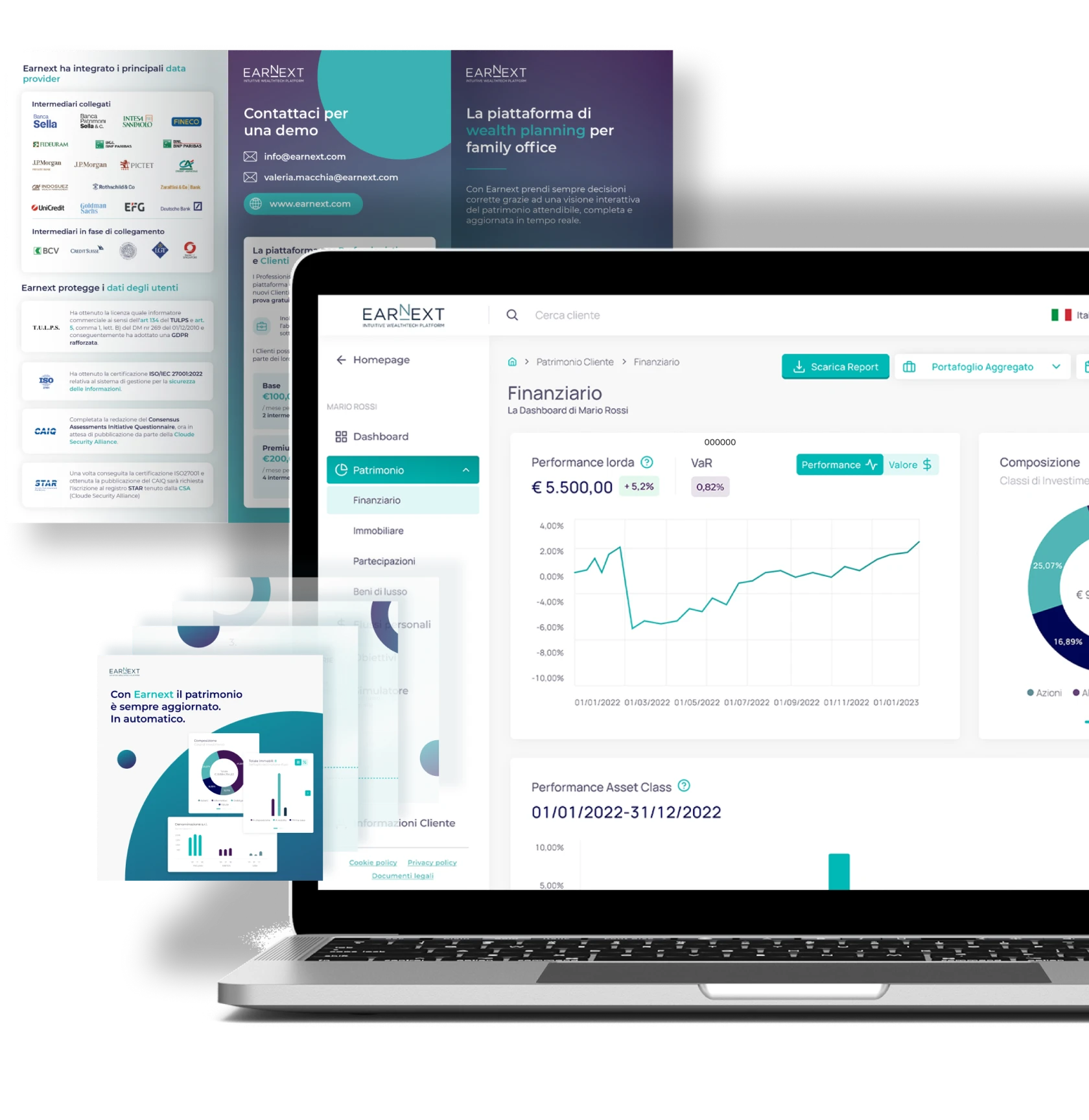 Servizi di marketing finanziario Creative Bulls – design della piattaforma Earnext con dashboard di portafoglio, reportistica e soluzioni UX/UI fintech.