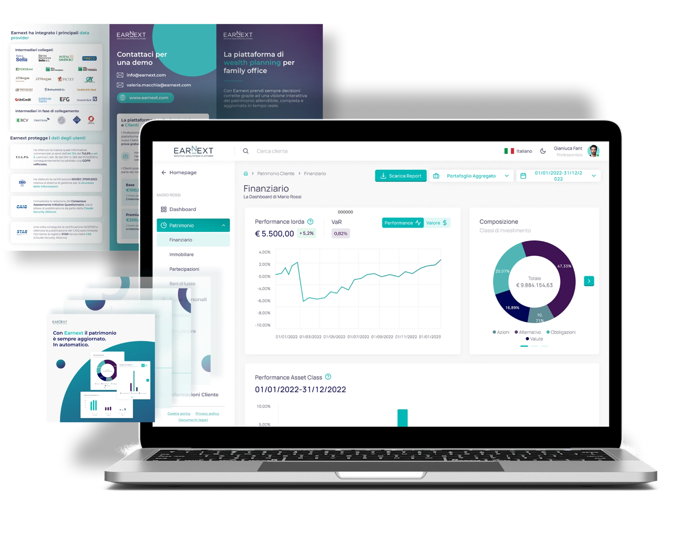Servizi di marketing finanziario Creative Bulls – design della piattaforma Earnext con dashboard di portafoglio, reportistica e soluzioni UX/UI fintech.