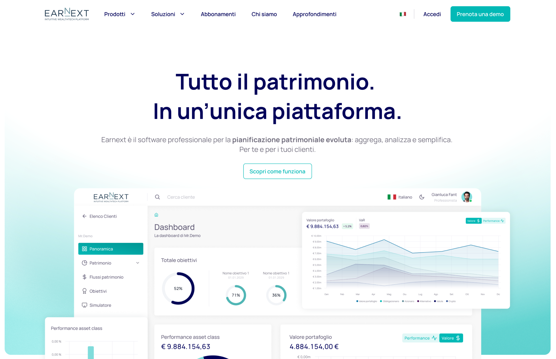 Dashboard Earnext piattaforma SaaS per pianificazione patrimoniale con supporto Creative Bulls