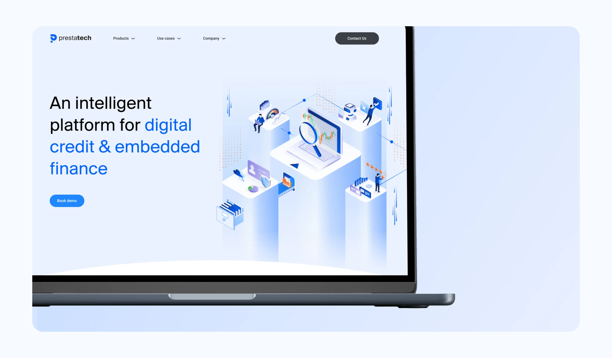 Mockup del sito Prestatech che presenta la piattaforma per digital credit ed embedded finance.
