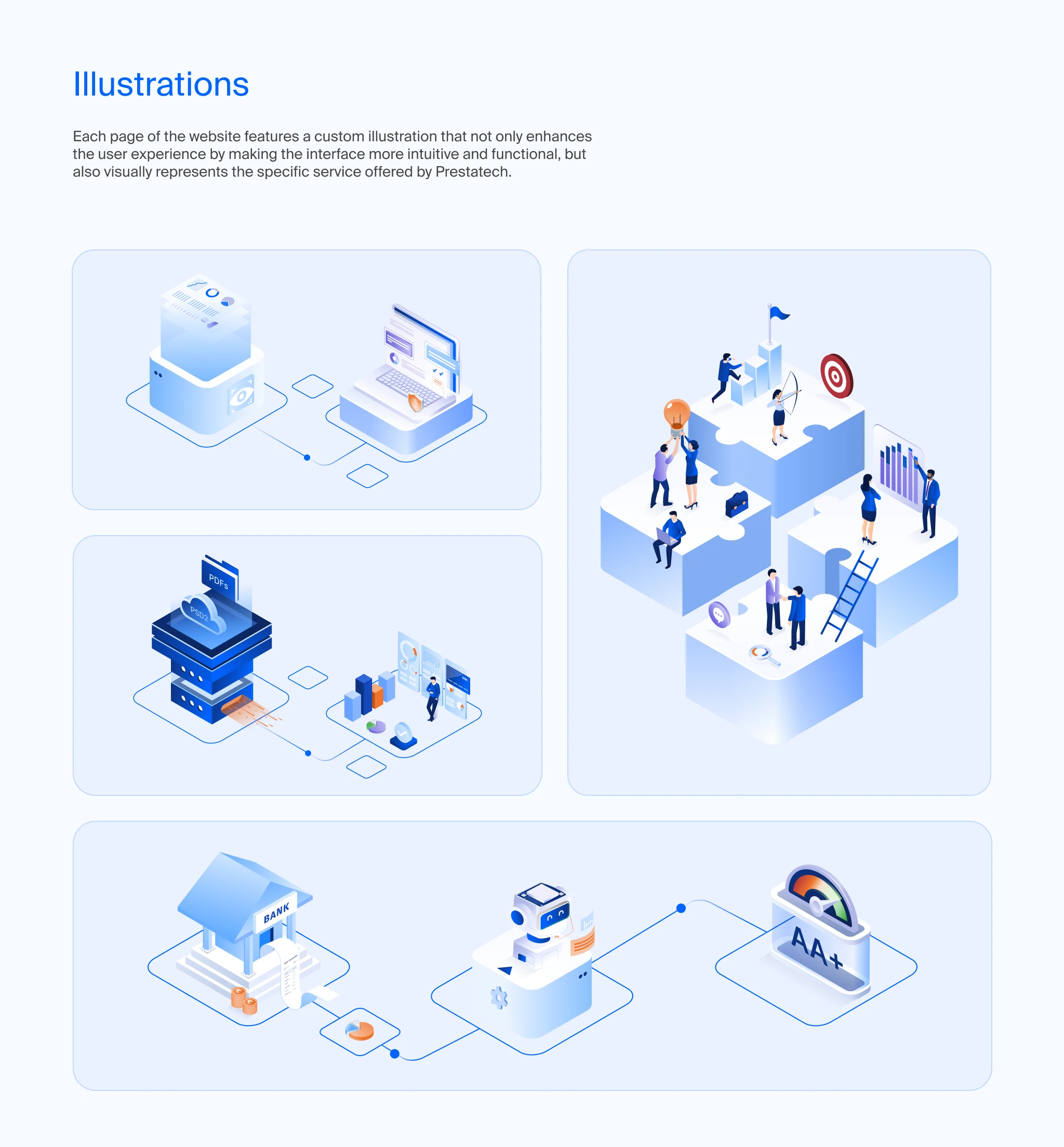 Illustrazioni fintech Prestatech su digital lending, onboarding, analisi del credito e automazione dati.
