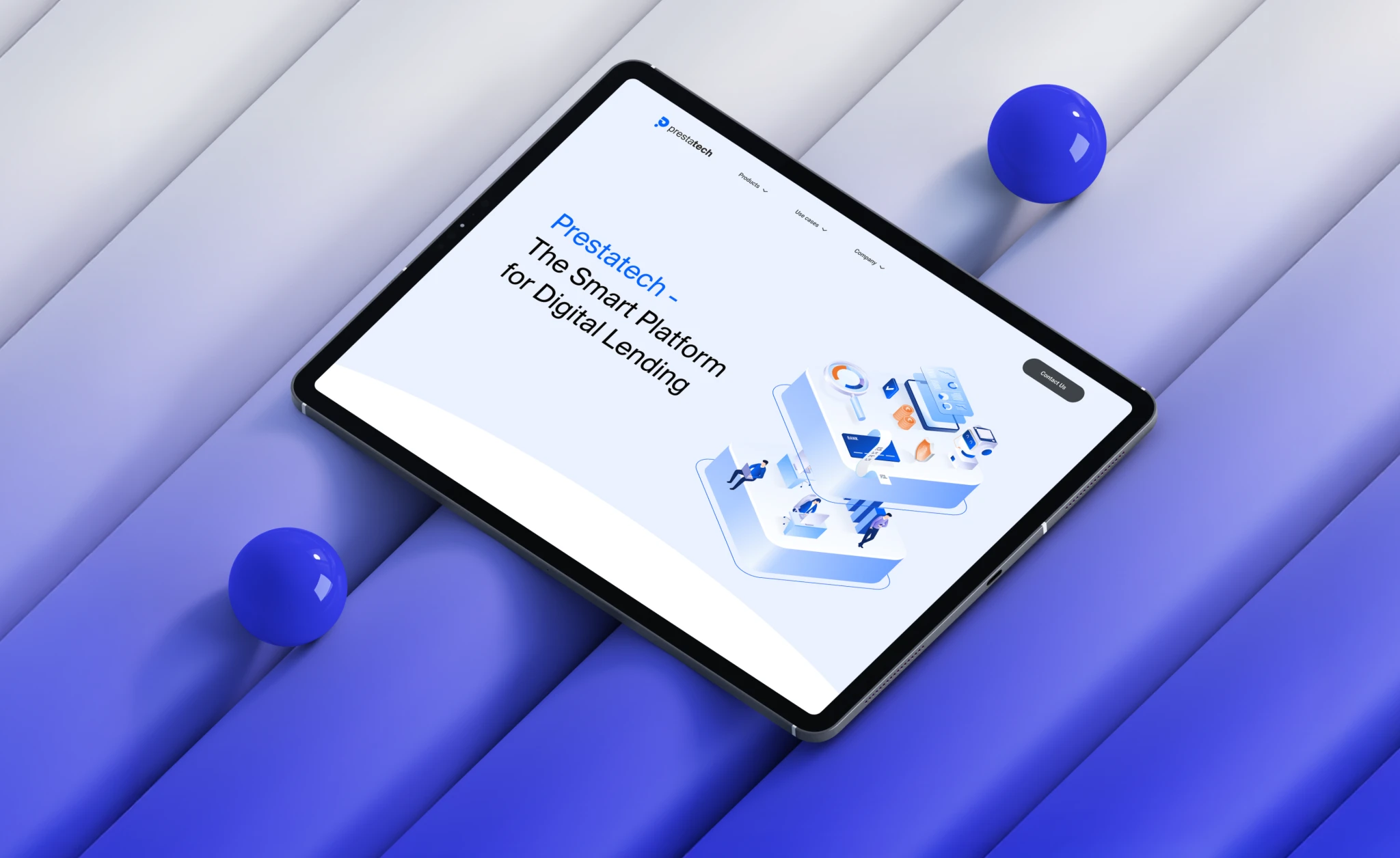 Piattaforma di digital lending Prestatech mostrata su mockup tablet.