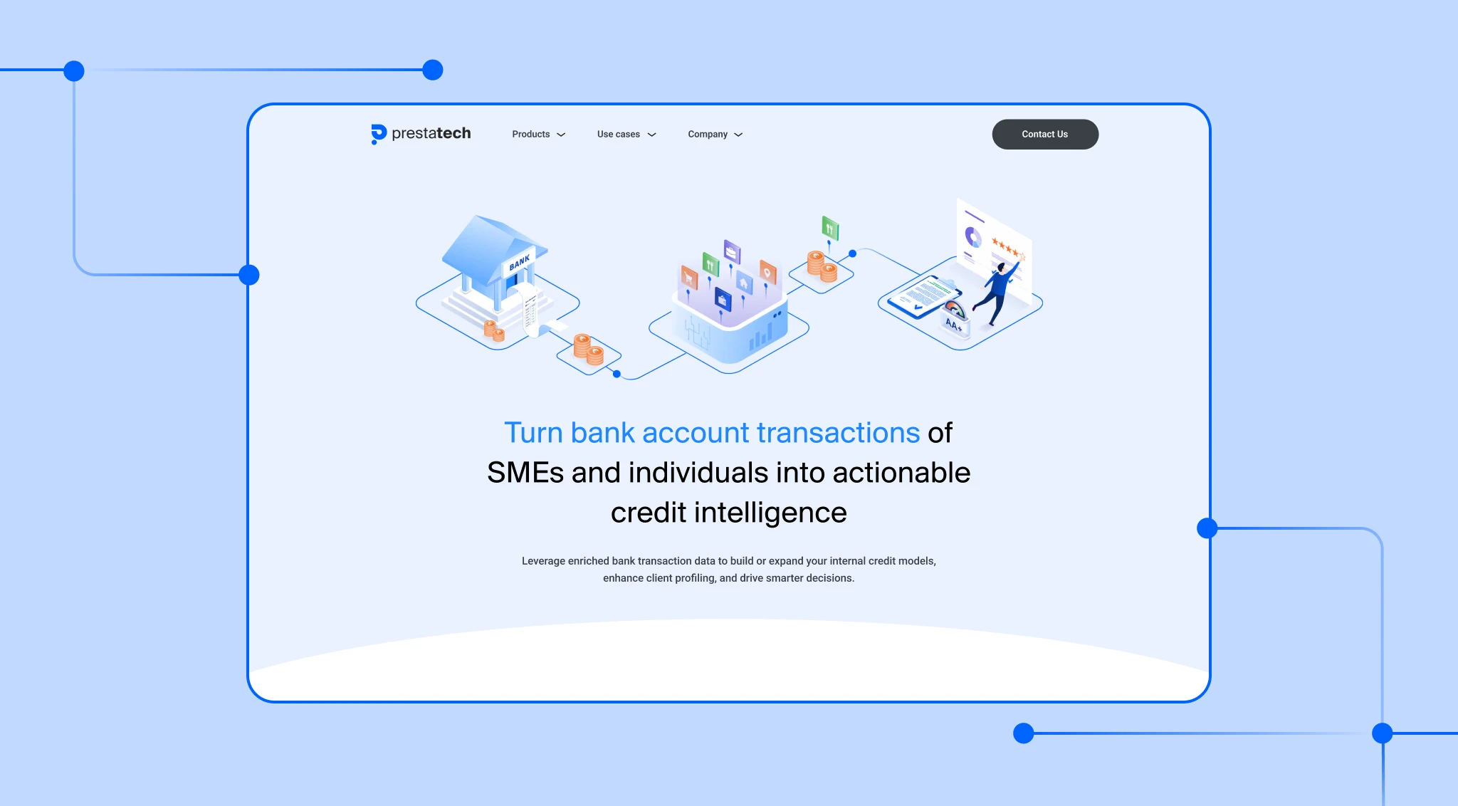 Hero di Prestatech con illustrazioni fintech sul trasformare transazioni bancarie in credit intelligence.