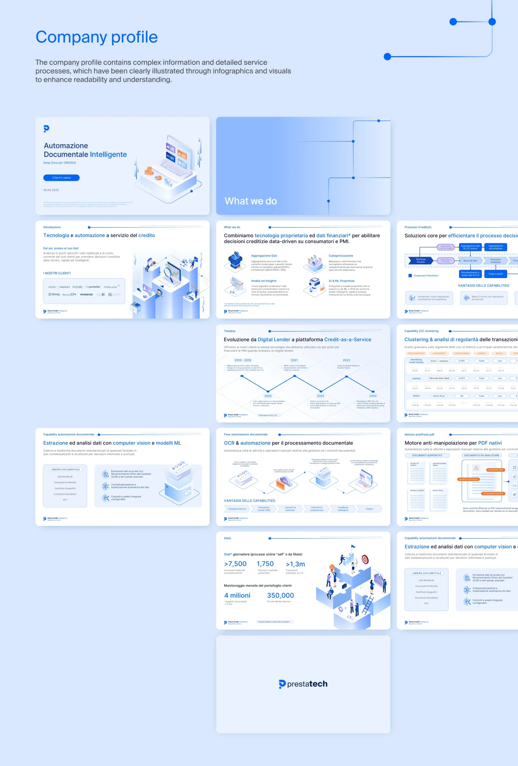 Slide del company profile Prestatech con illustrazioni fintech.