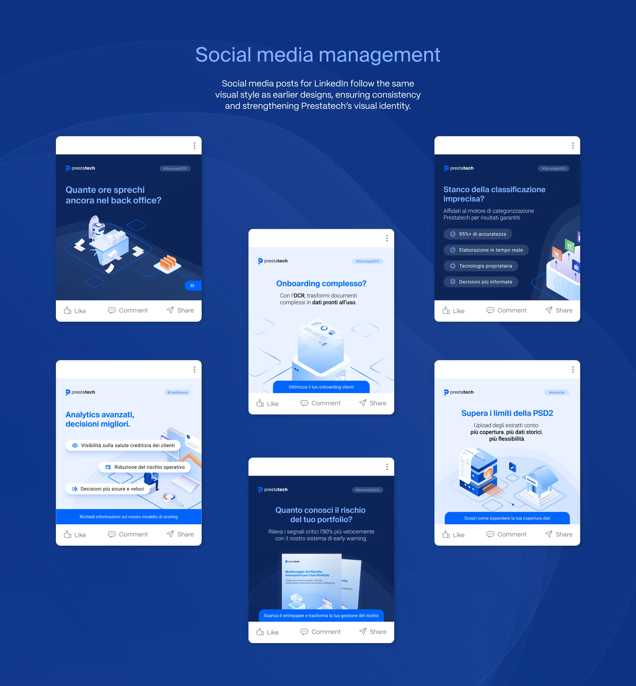 Griglia di mockup dei post LinkedIn di Prestatech che mostra i design social media fintech realizzati da Creative Bulls, con temi come onboarding, PSD2, rischio di credito, analytics e classificazione documentale.