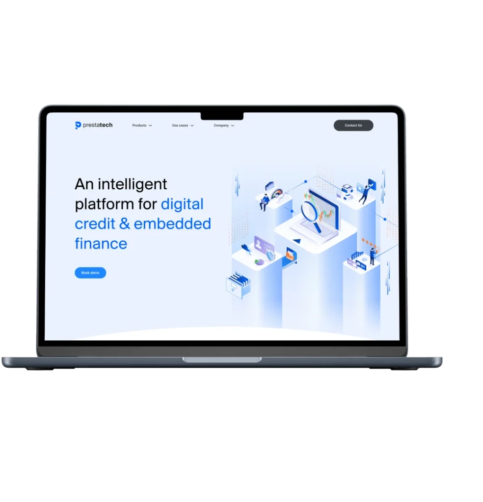 Mockup laptop che mostra l’interfaccia della piattaforma fintech di Prestatech per digital credit ed embedded finance, parte del progetto Creative Bulls per social media e pitch deck.