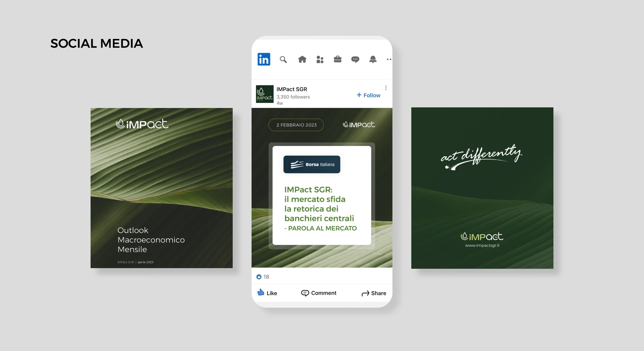 Design social media di Impact SGR con copertina dell’outlook macroeconomico, anteprima di un post LinkedIn e grafica con messaggio del brand su texture di foglie verdi.