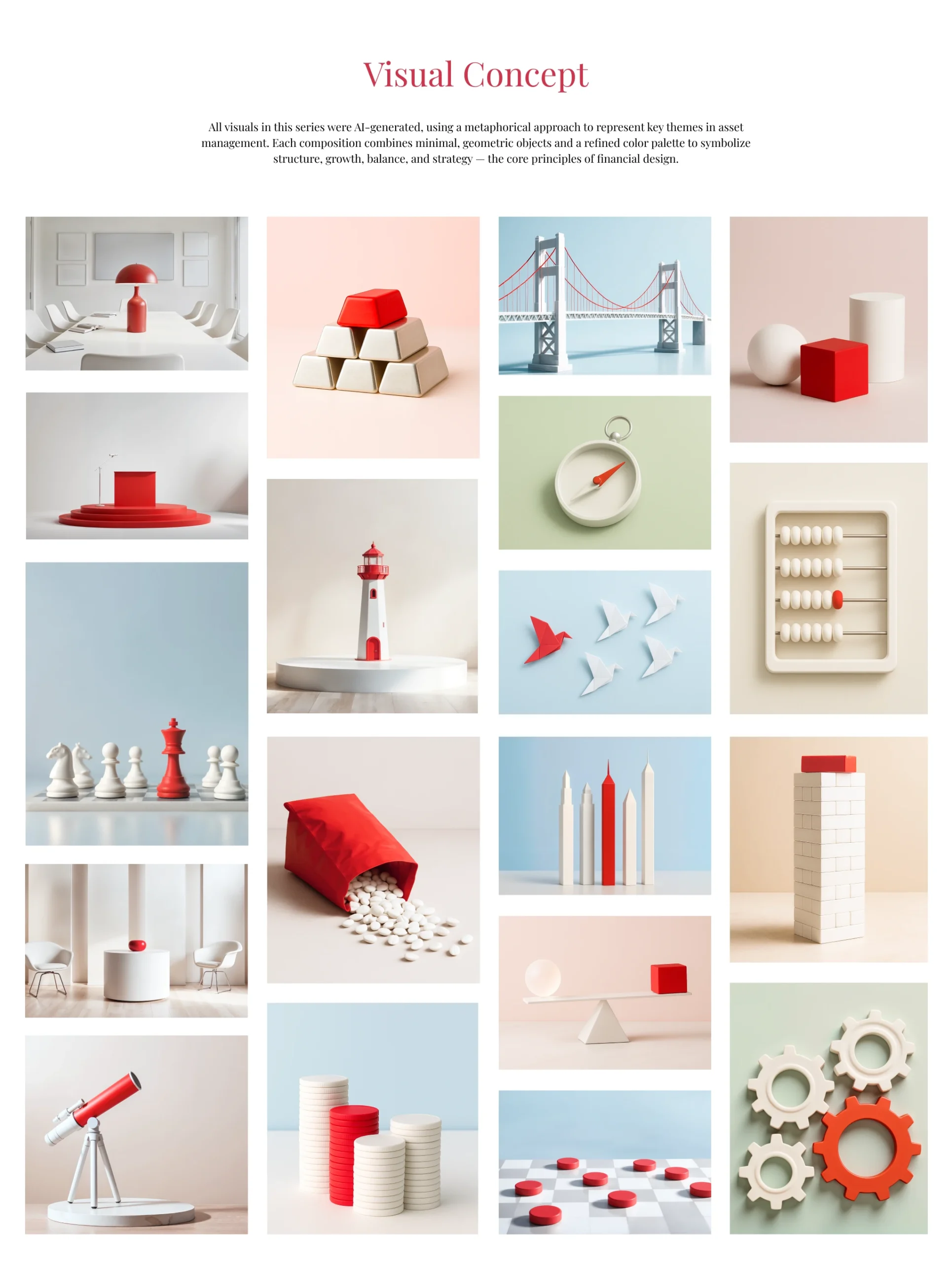 Griglia di visual minimalisti in rosso e bianco generati con AI che rappresentano temi finanziari come equilibrio, crescita, strategia e struttura.