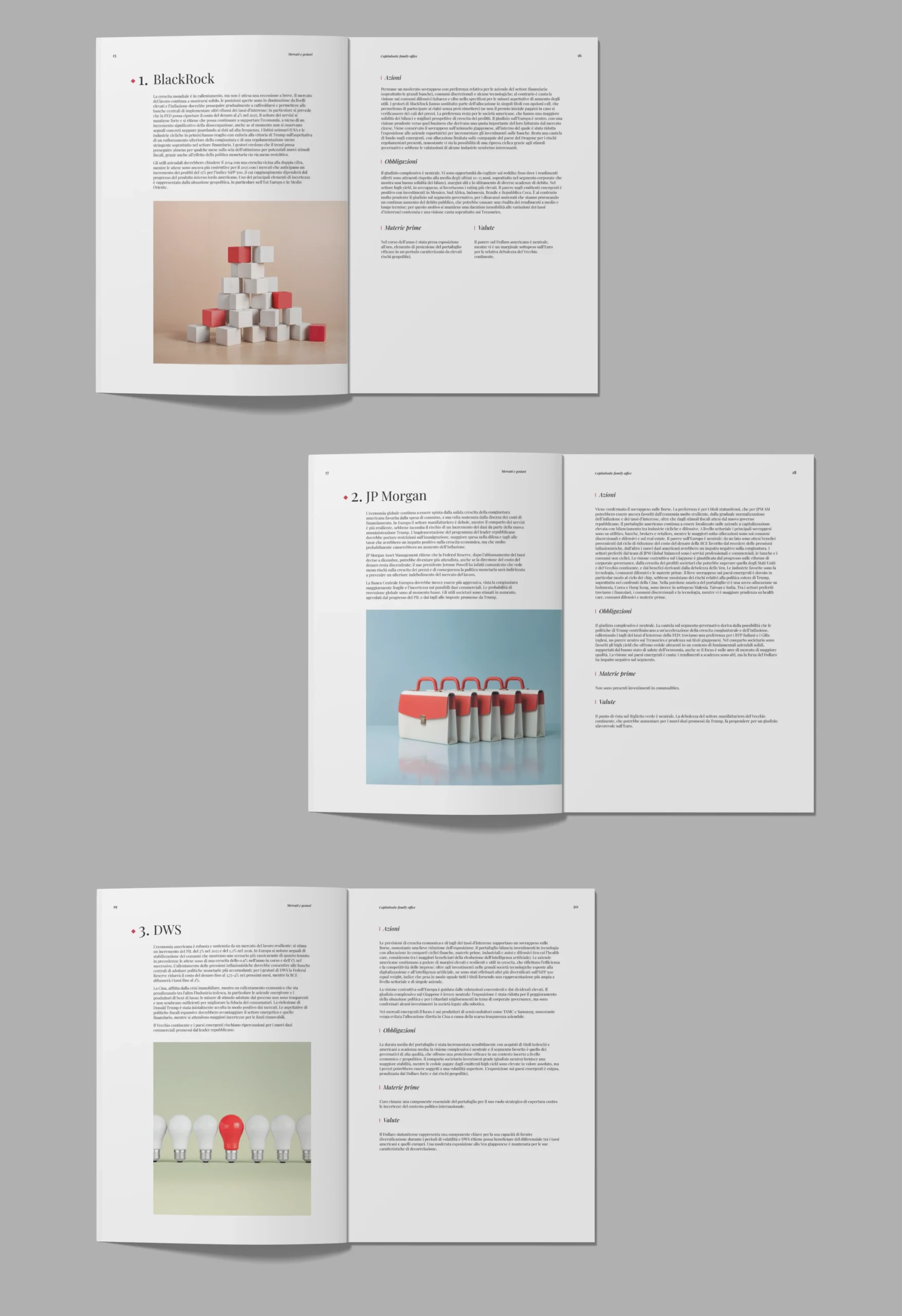 Mockup del report finanziario stampato di Capitalsuite, con copertina minimalista con sedie rosse e bianche e pagina interna con analisi economiche e grafici.