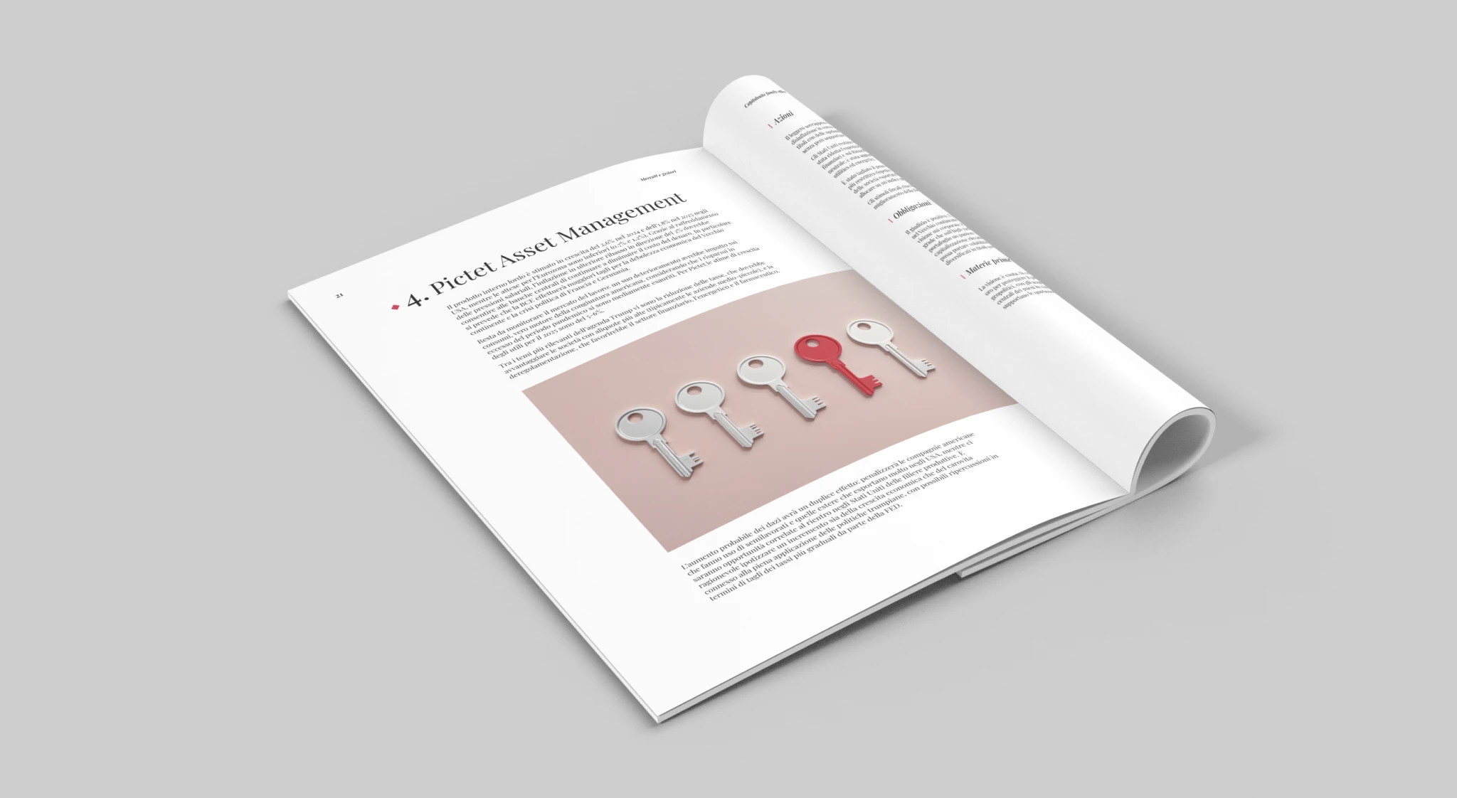 Mockup del report finanziario di Capitalsuite aperto sulla sezione dedicata a Pictet Asset Management, con un visual di chiavi bianche e una chiave rossa a simbolizzare la strategia.