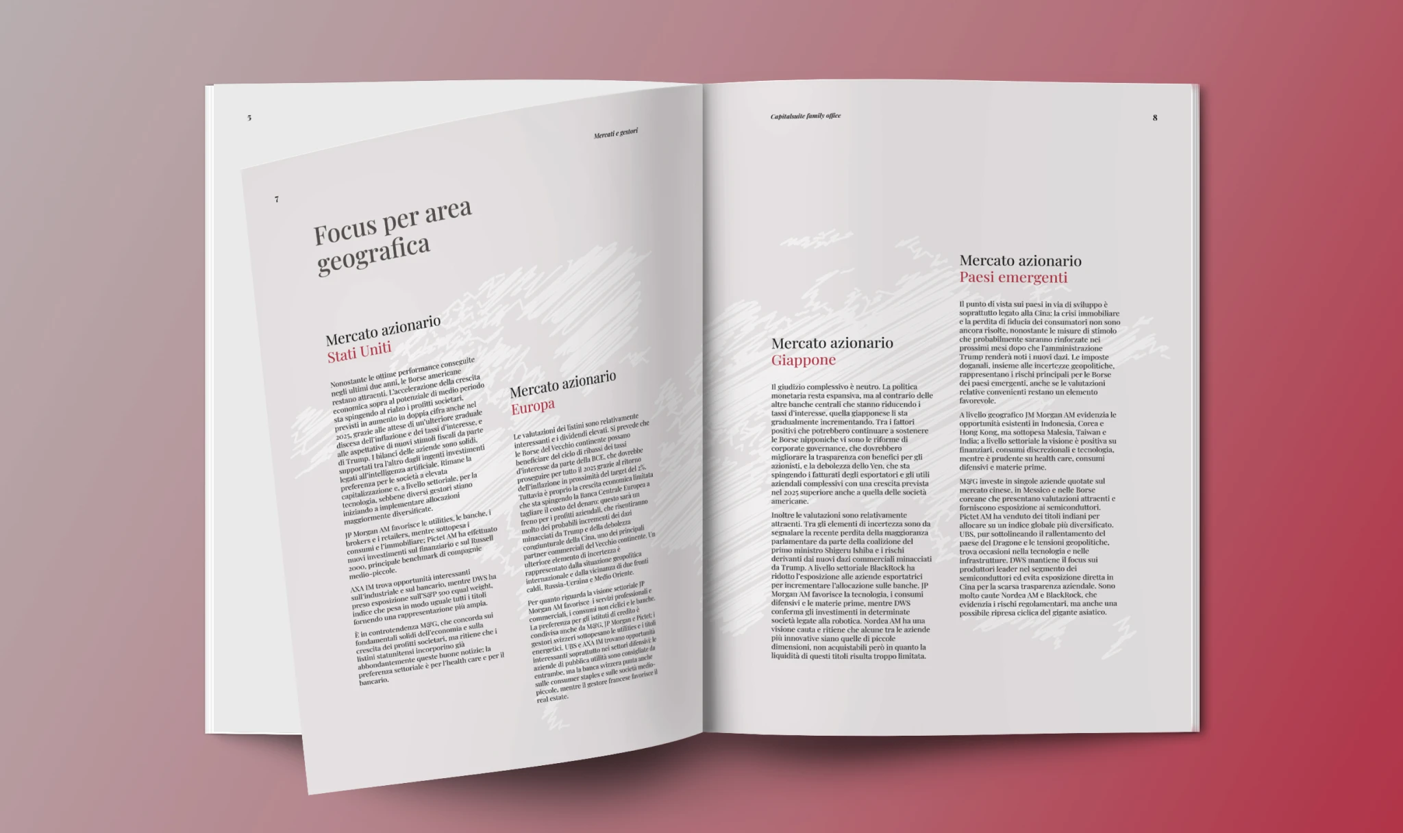 Mockup del report Capitalsuite aperto su una doppia pagina dedicata alle analisi dei mercati regionali: Stati Uniti, Europa, Giappone e Paesi emergenti.
