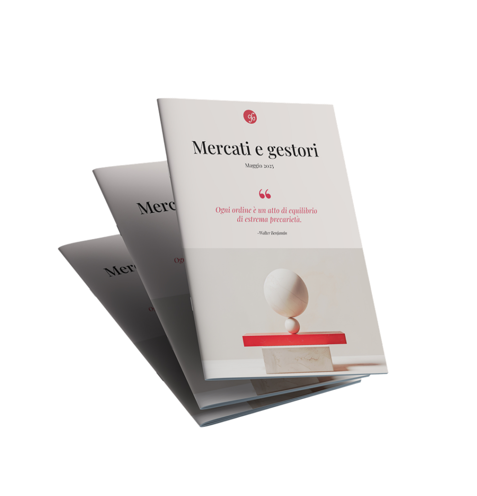 Mockup del report finanziario Capitalsuite ‘Mercati e gestori’, con copertina minimalista raffigurante una scultura di equilibrio e una citazione, in uno stile pulito e professionale.
