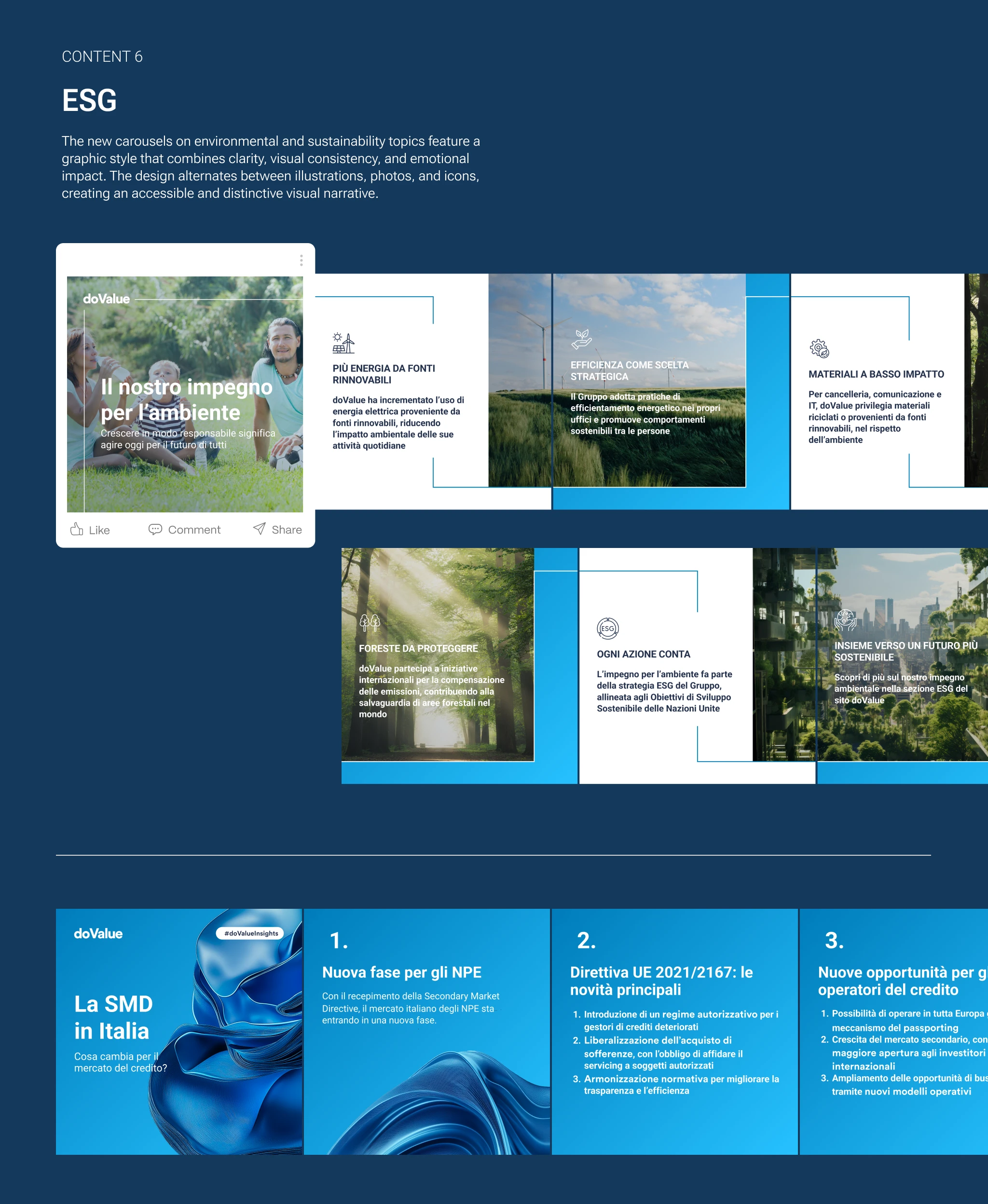 Carousel ESG di doValue con contenuti sulla sostenibilità: energia rinnovabile, materiali a basso impatto, tutela delle foreste e layout chiari per contenuti educativi.